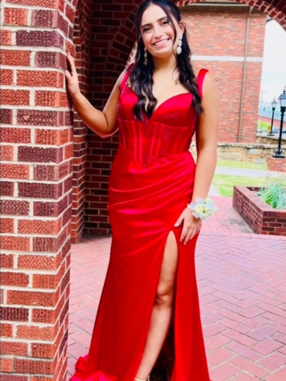 Elegant Red Prom Gown with Corset Bodice and Side Slit
